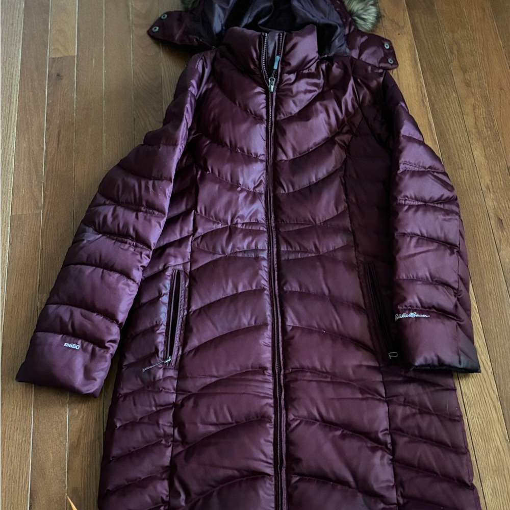 Eddie Bauer Women M Parka Burgundy EB650 Goose Down Hood Long Dress Jacket